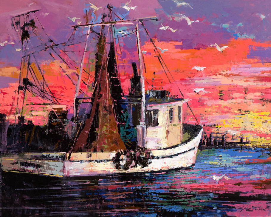 Rockport, Fishing Boat, Acrylic Painting, Home Decor, Texas Artist, Thom Ricks, Ocean Art